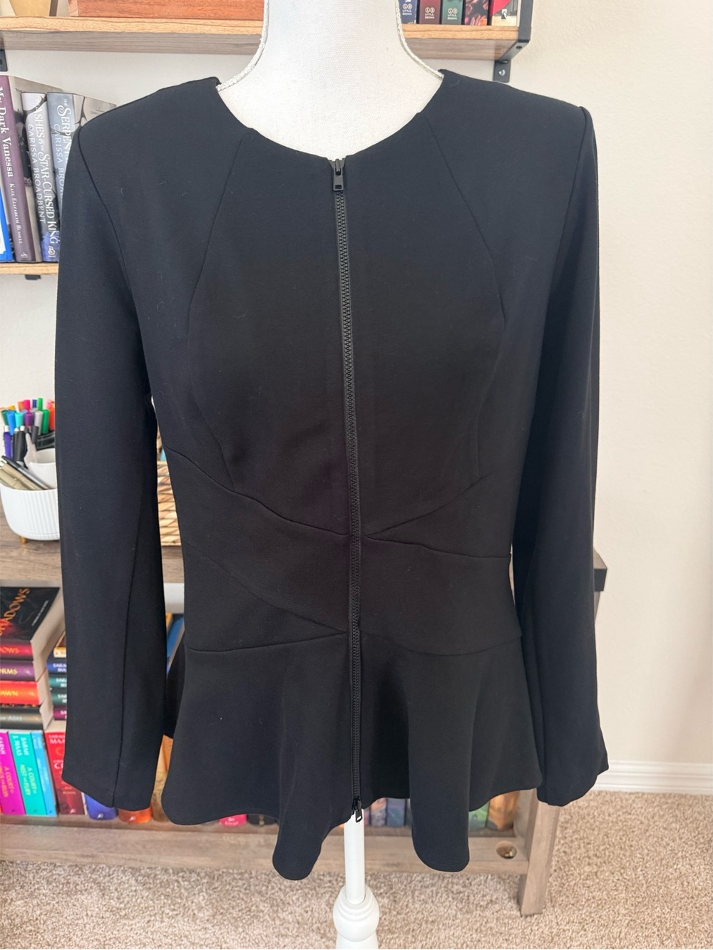 CAbi Crisscross Black Peplum Zip-Front Women's Jacket